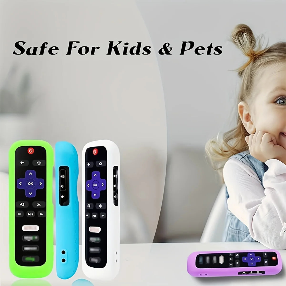 A set of glow-in-the-dark silicone remote control covers in green, blue, and white shown next to a purple remote.