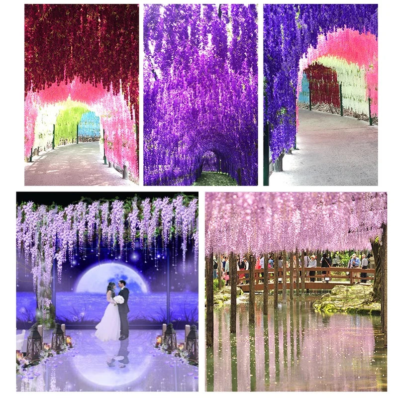 A collection of artificial wisteria garlands in various colors, including pink, purple, and green, used for outdoor decoratio