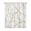 A white marble design shower curtain featuring gold veining and a metal hanger.
