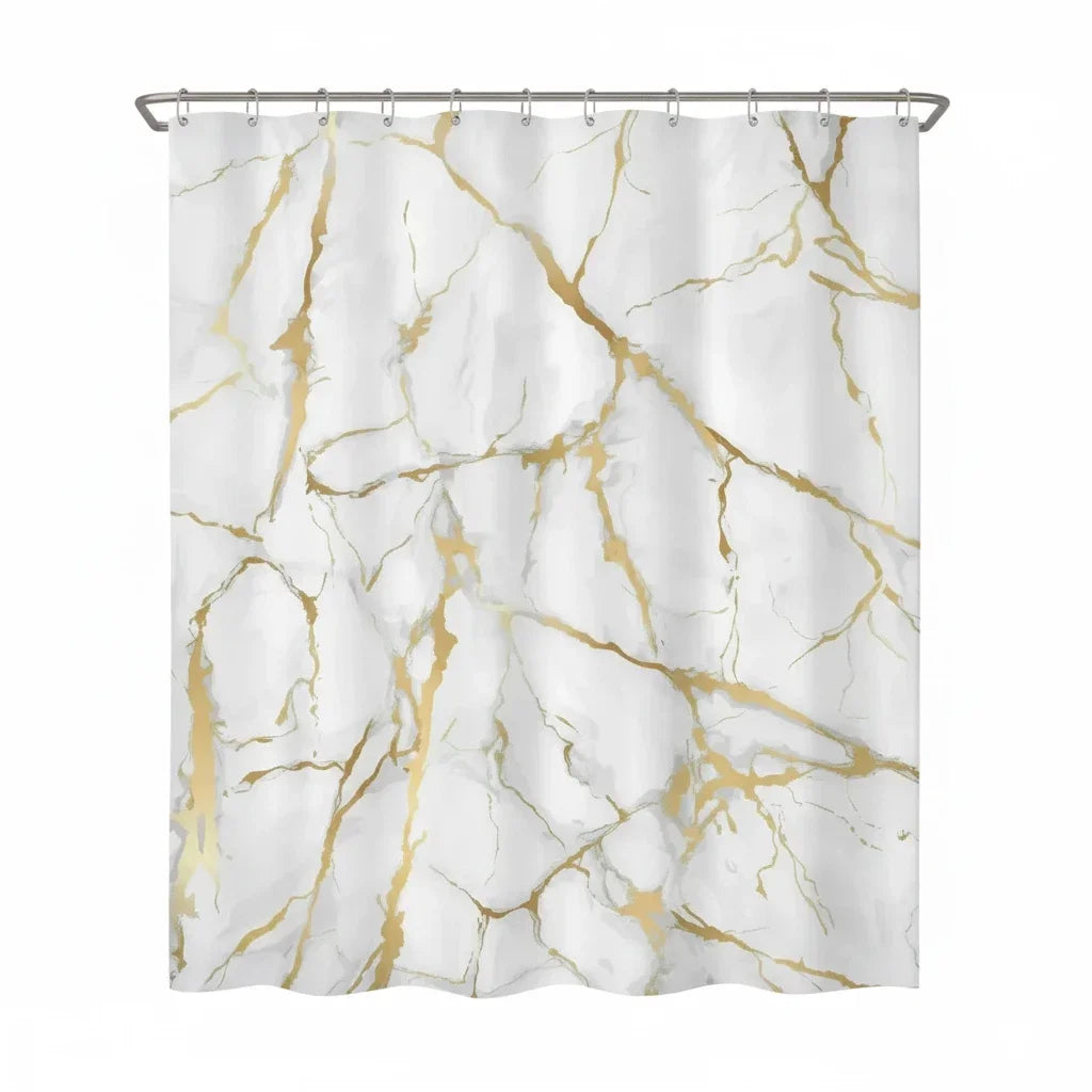 A white marble design shower curtain featuring gold veining and a metal hanger.