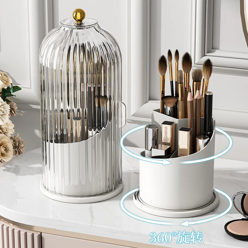 Klares Glas-Kosmetikorganizer mit Deckel und rotierender Basis für Make-up-Pinsel und Werkzeuge.