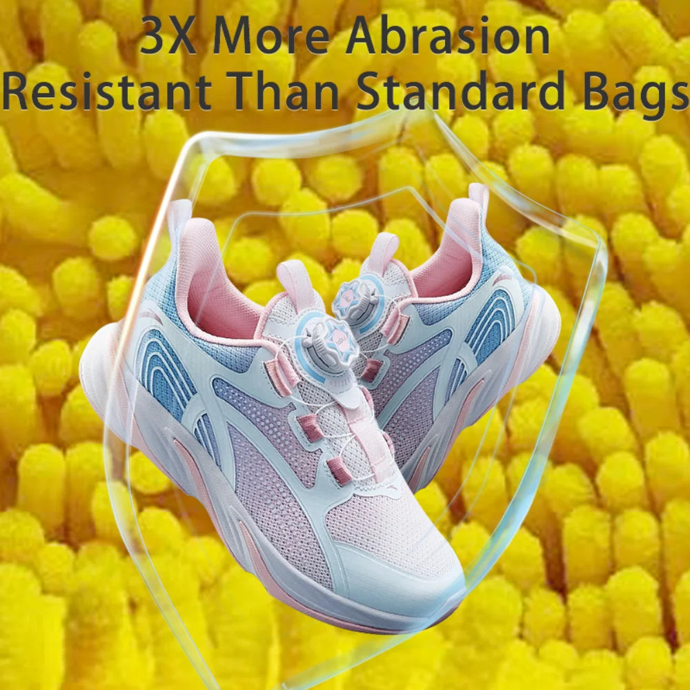 A pair of light blue and pink athletic shoes inside a clear plastic bag against a yellow textured background.