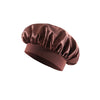 A deep mauve satin sleep bonnet for a toddler, shown from the side.
