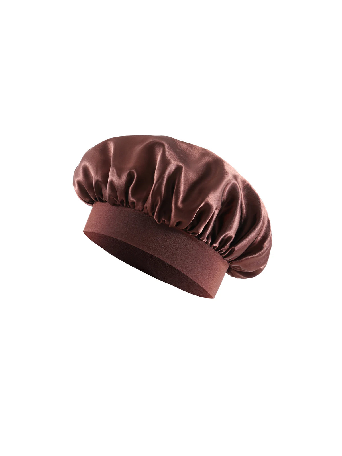 A deep mauve satin sleep bonnet for a toddler, shown from the side.