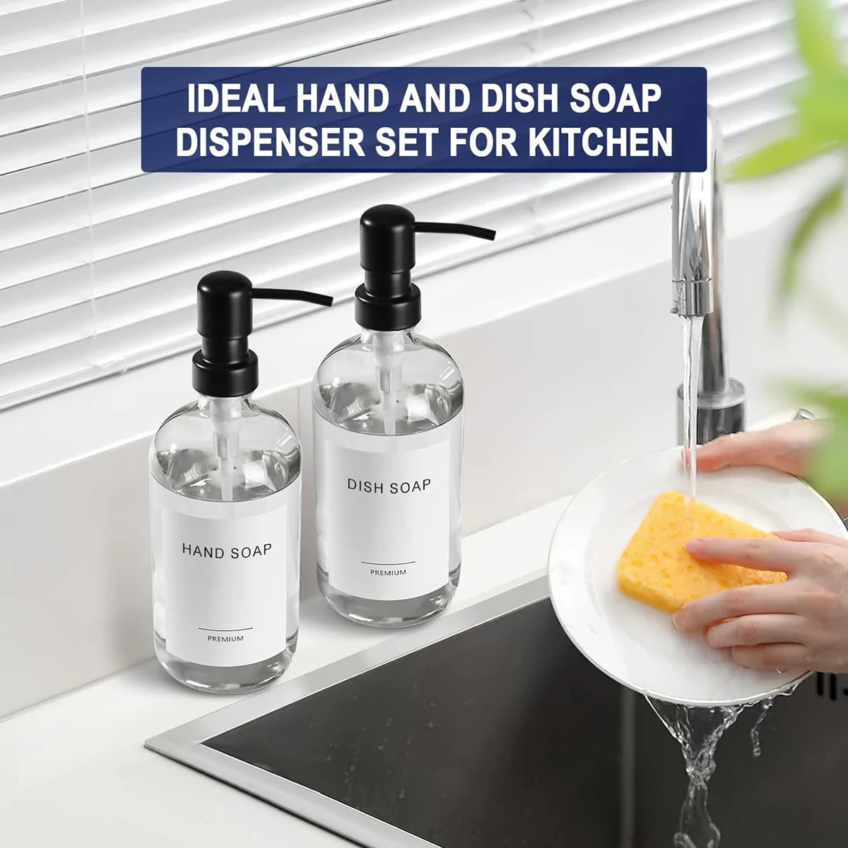 A set of clear glass hand and dish soap dispensers with stainless steel pumps on a kitchen counter.