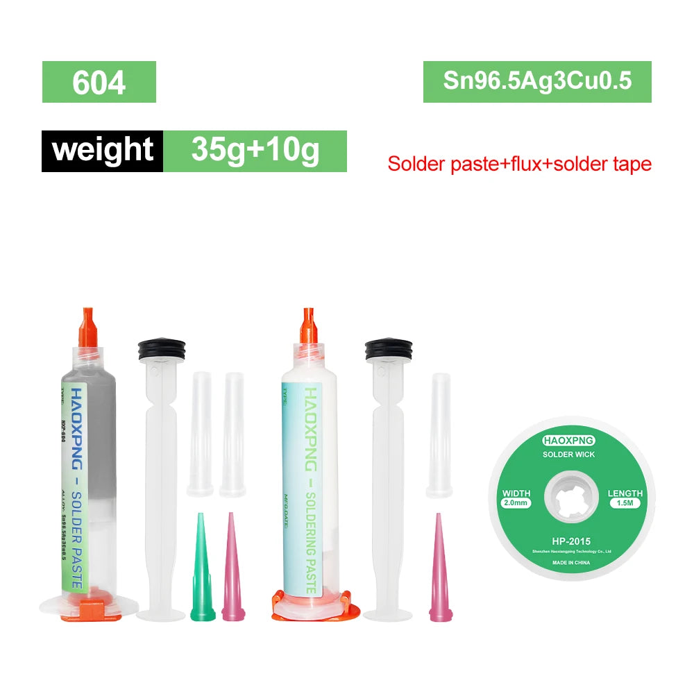 A set of solder paste and solder tape components including a 604 weight, Sn96.5Ag3Cu0.5 solder paste, and solder tape for SMD