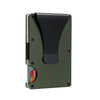 A dark olive green slim card wallet with a black protective cover and a gold-colored logo.