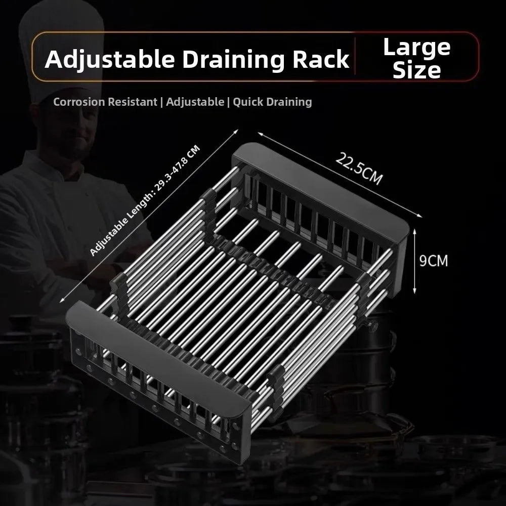 Adjustable draining rack made of stainless steel with multiple parallel bars for sink drainage