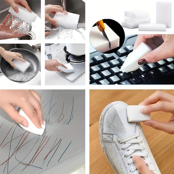 A set of white magic sponges used for cleaning and erasing marks on various surfaces like glass, electronics, and shoes.