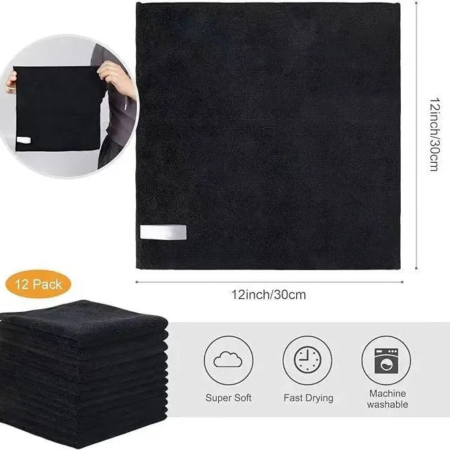 A black reusable microfiber cleaning cloth is shown being held, next to a stack of twelve black cloths.
