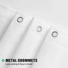 Close-up of a white shower curtain liner with metal grommets and a text overlay promoting metal grommets.