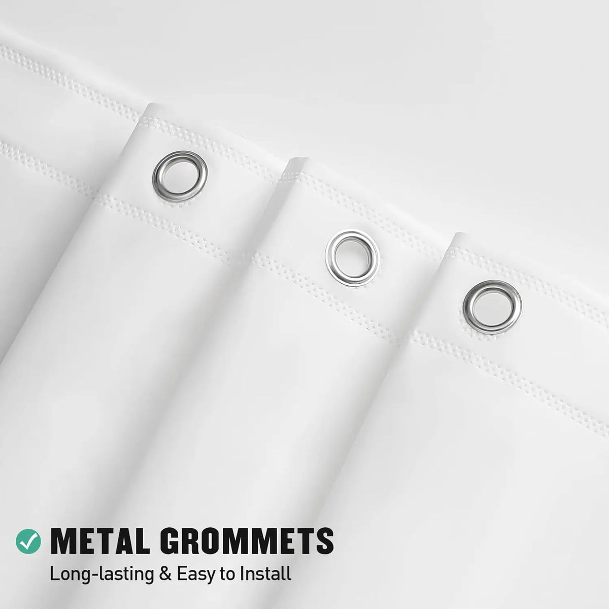 Close-up of a white shower curtain liner with metal grommets and a text overlay promoting metal grommets.