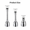Tres vistas de un extensor de grifo de cocina de acero inoxidable, mostrando el diámetro interno y diferentes configuraciones