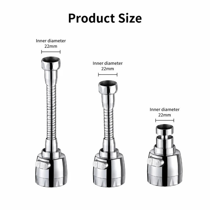 Tres vistas de un extensor de grifo de cocina de acero inoxidable, mostrando el diámetro interior y diferentes configuracione
