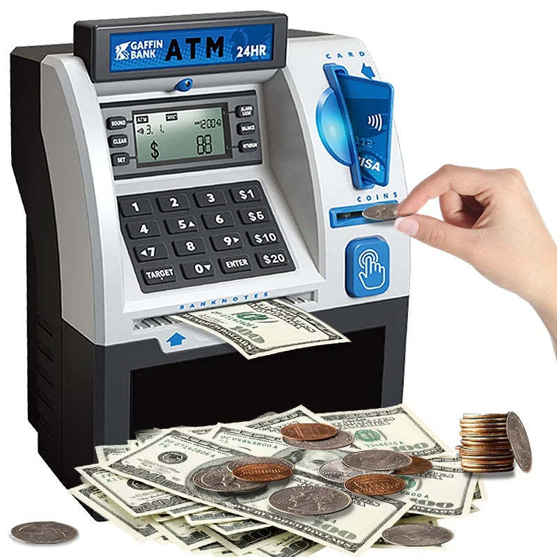 A silver and black automatic digital money box ATM for kids dispensing coins and bills.