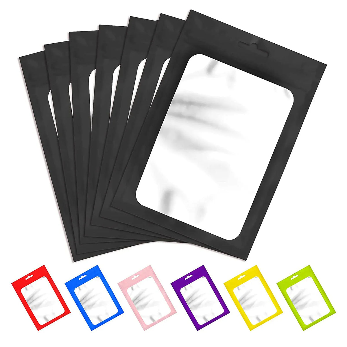 A set of black jewelry display pouches and a collection of colorful card holders are displayed together.