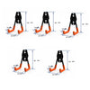 Un juego de ganchos metálicos para pared resistentes en naranja y negro, mostrados desde varios ángulos con líneas de dimensi
