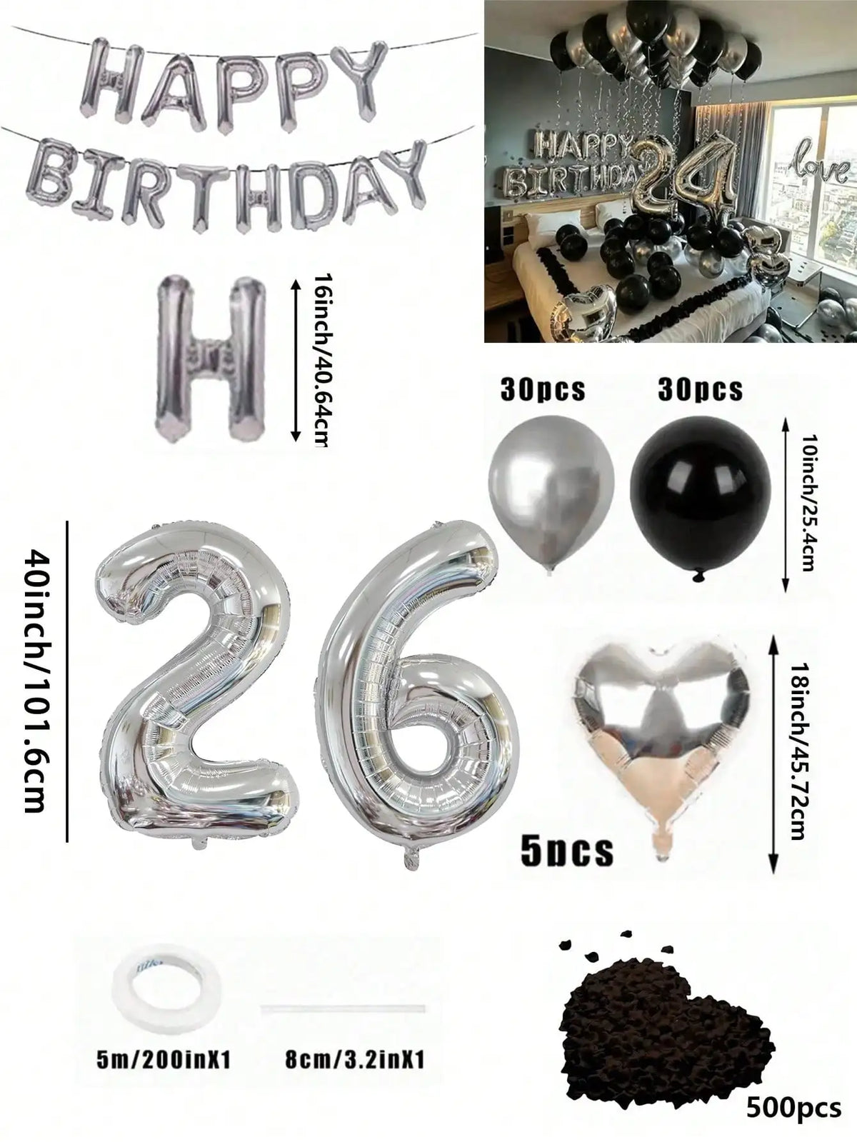 Un juego de globos con números grandes, formas de corazón y confeti en papel metálico plateado y negro.