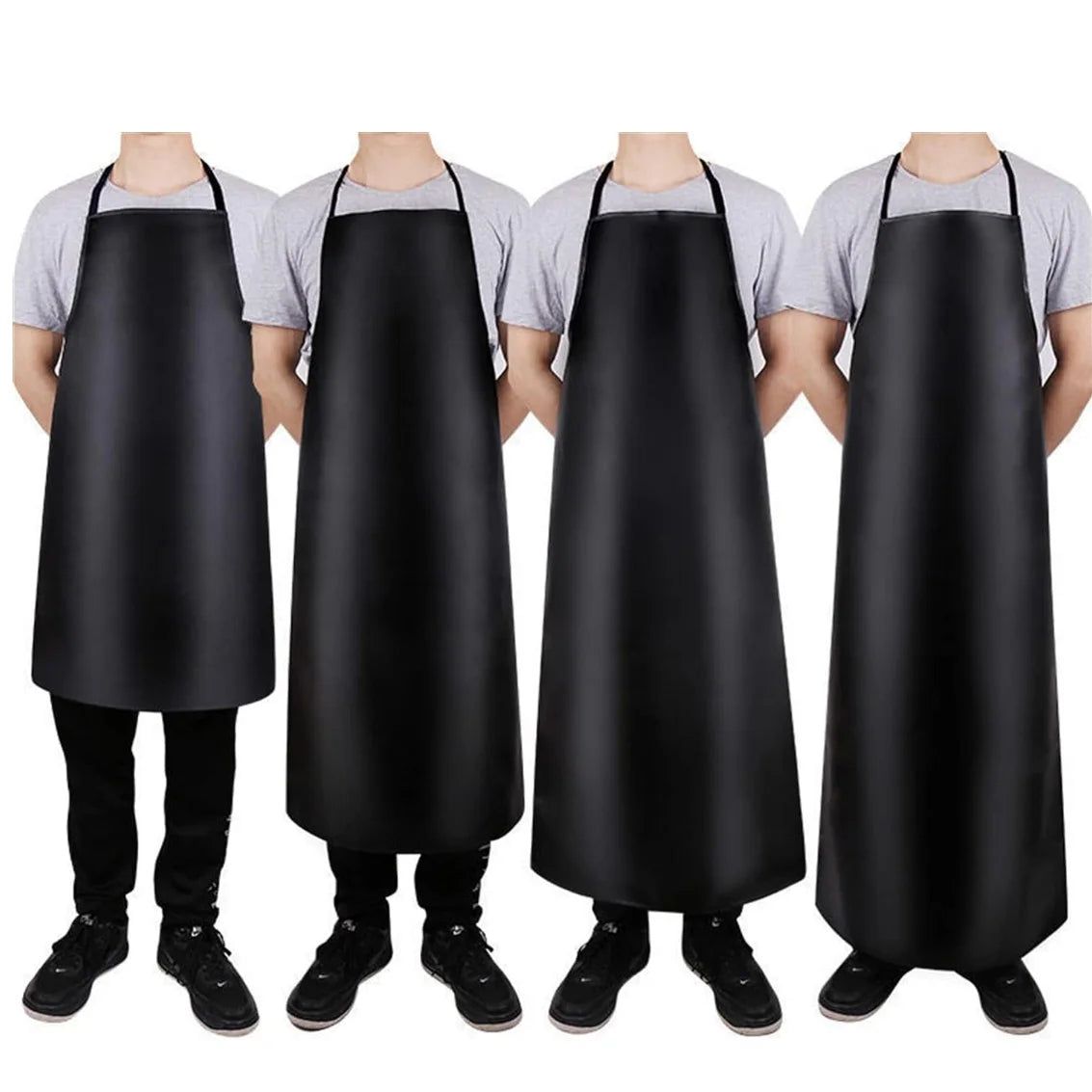 Black heavy-duty waterproof PU leather apron shown on four models.