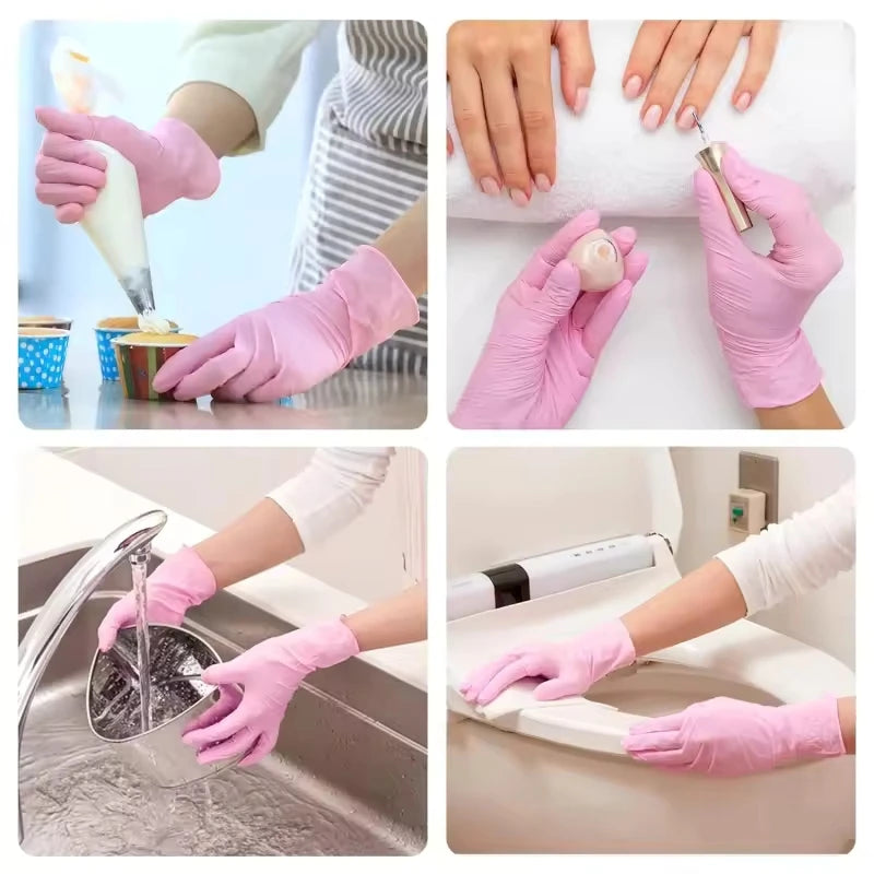Hands wearing pink disposable nitrile cleaning gloves performing various household and cleaning tasks.