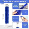 A blue flexible and soft cleaning brush with a suspended design shown next to its dimensions.