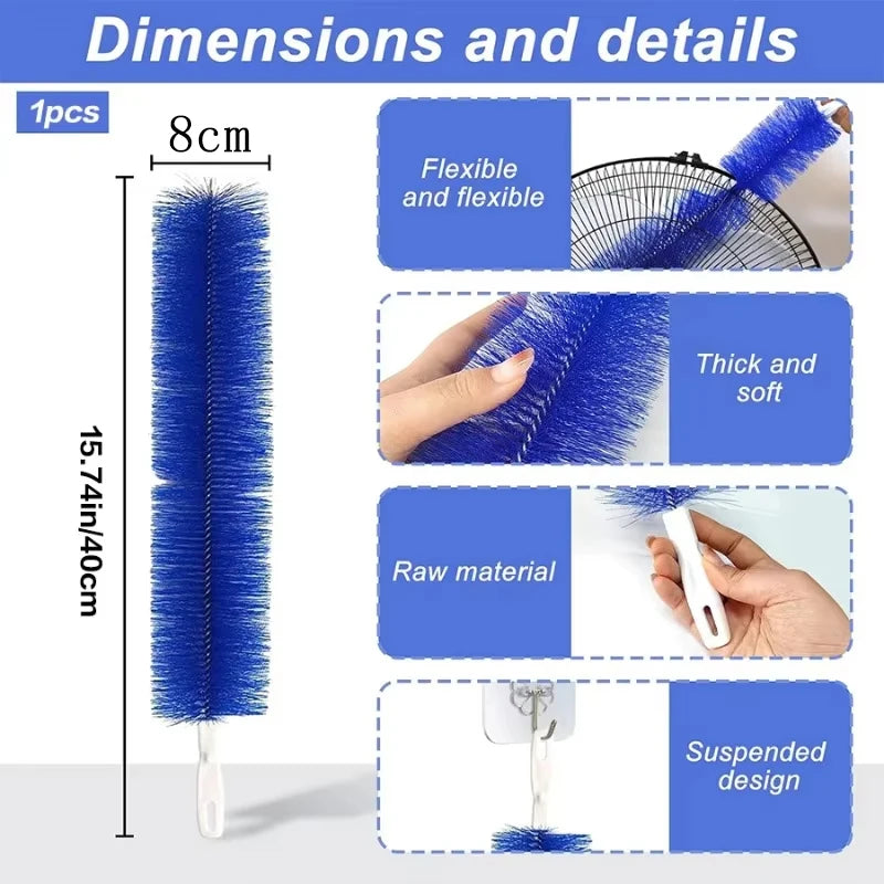A blue flexible and soft cleaning brush with a suspended design shown next to its dimensions.