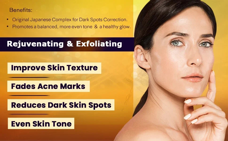 Le visage d'une femme montrant les bénéfices d'un produit de soin pour améliorer le teint et la texture de la peau.