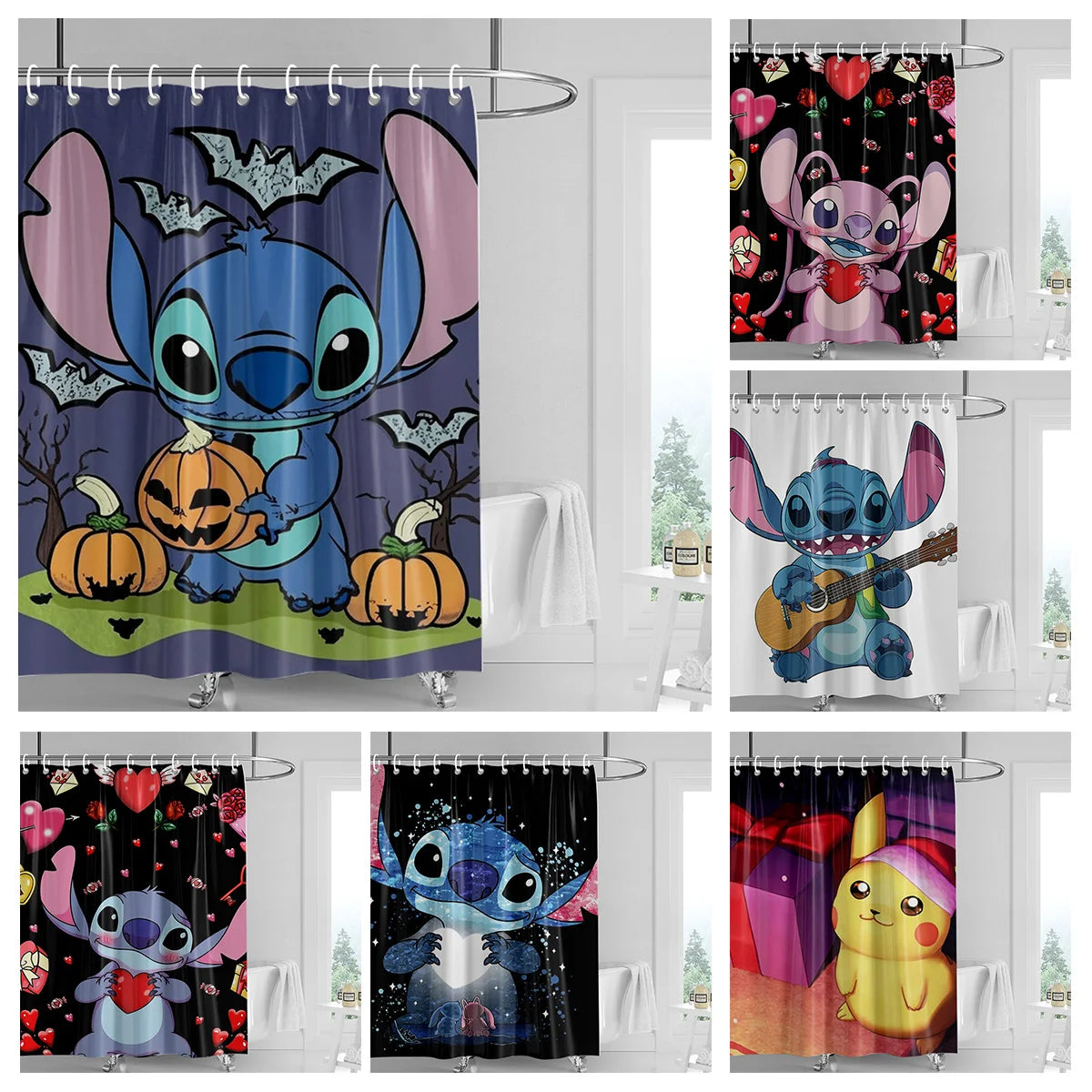 A collection of Disney-themed shower curtains featuring characters like Stitch and Lilo in various colors and designs.