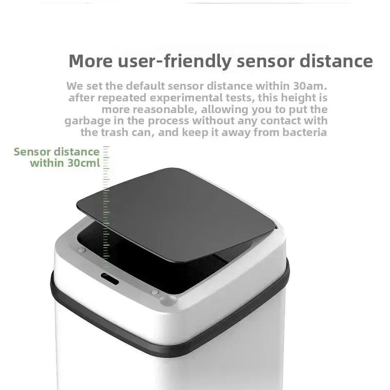 A white automatic touchless sensor trash can with a black lid and sensor distance guidelines visible.