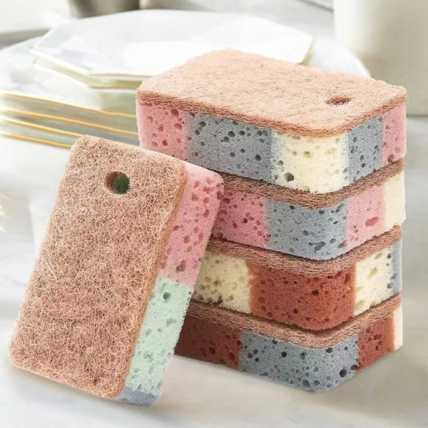 A stack of five eco-friendly double-sided cleaning sponges in pink, white, and gray tones.