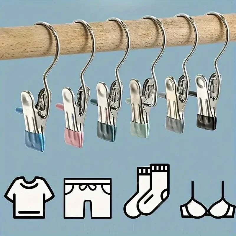 Stainless steel clothespin set with various colored grips for laundry and organization