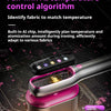 A handheld garment steamer iron with a pink and silver body is shown against a dark, technological background.