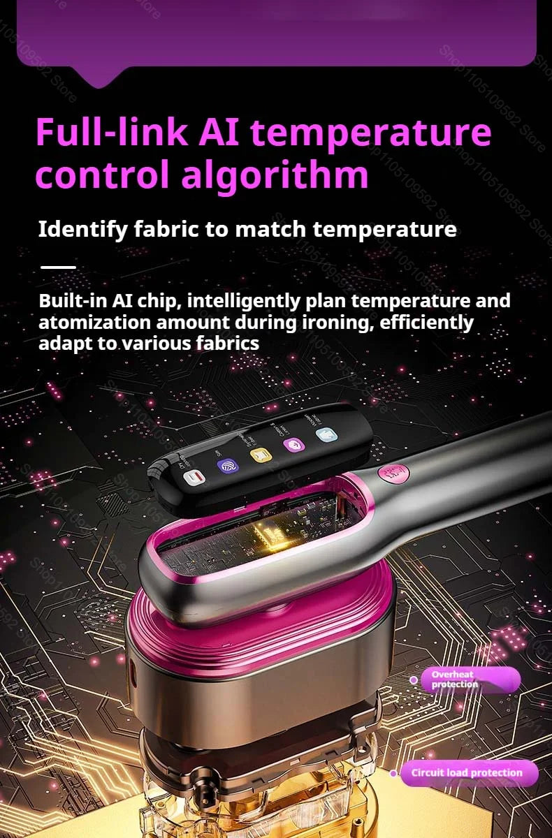 A handheld garment steamer iron with a pink and silver body is shown against a dark, technological background.