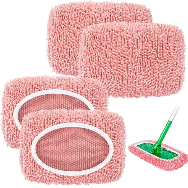 A set of four pink reusable microfiber mop pads with white rims shown in various forms.