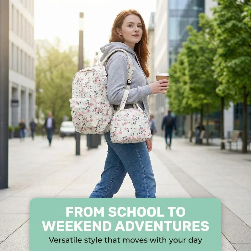 A young woman wearing a floral print backpack, jeans, and jacket walks outdoors.