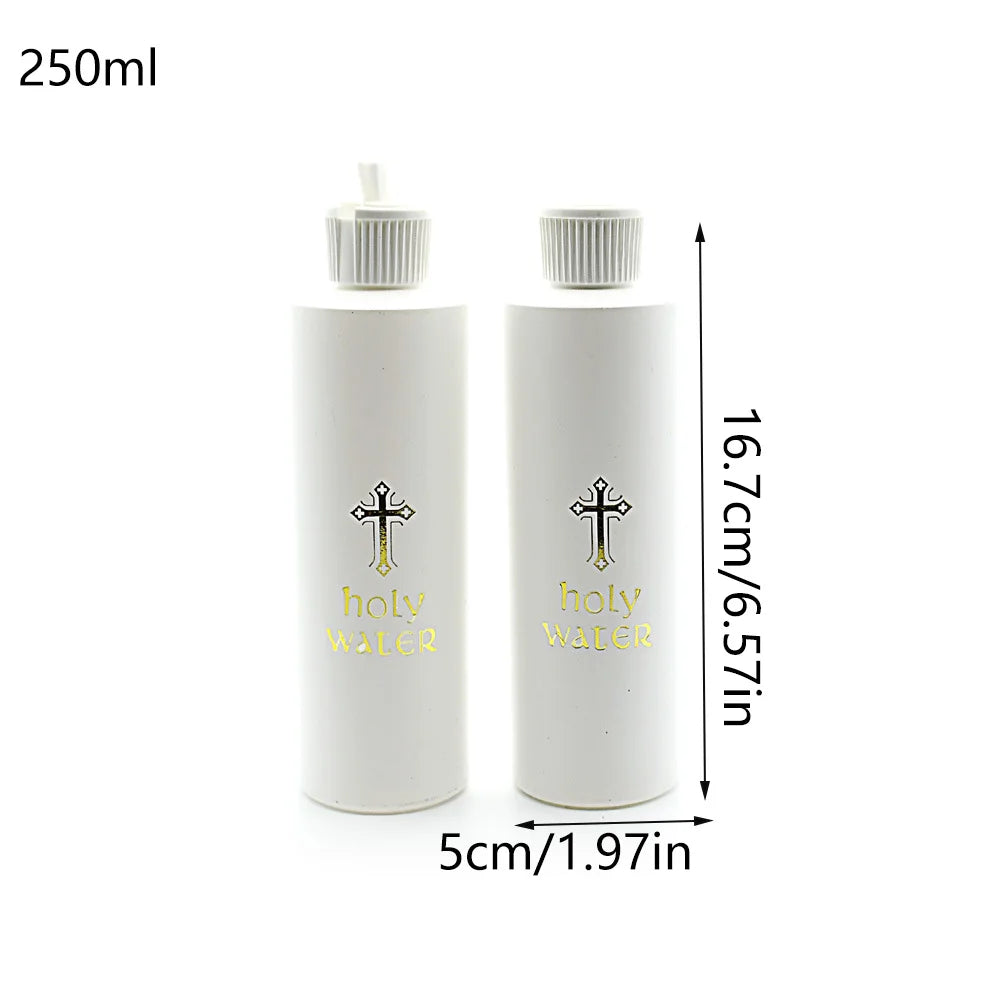 A white bottle of holy water with a gold cross design and a white cap, labeled 250ml.