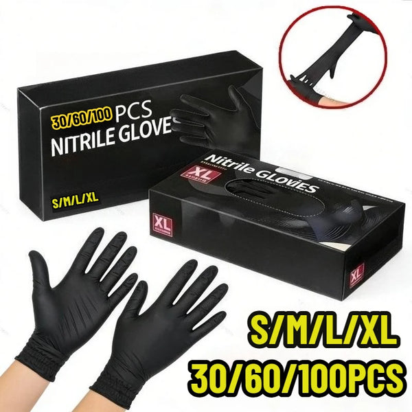 Boxed black nitrile gloves shown with individual gloves and packaging details