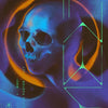 A dark, stylized illustration of a human skull with glowing neon lines and abstract geometric shapes on a deep purple backgro