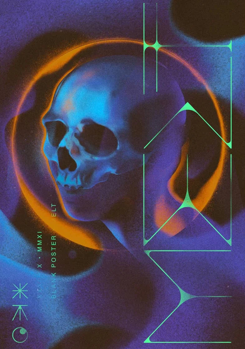 A dark, stylized illustration of a human skull with glowing neon lines and abstract geometric shapes on a deep purple backgro
