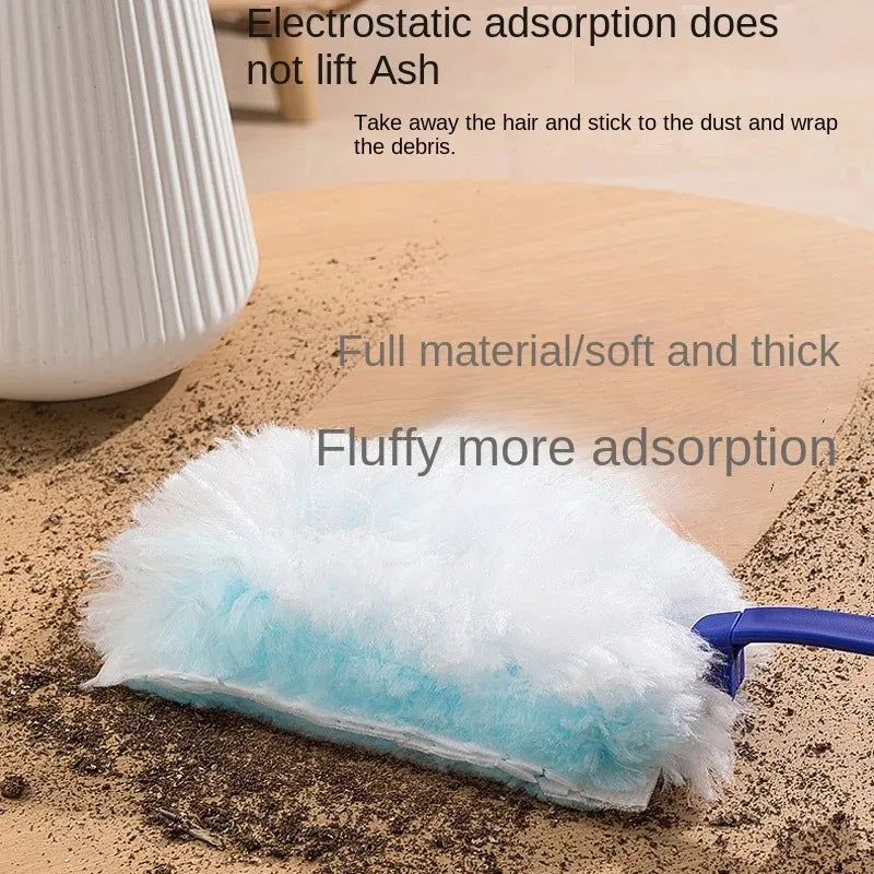 A fluffy blue electrostatic duster refill is shown on a wooden surface, demonstrating its soft and thick material for dust ab
