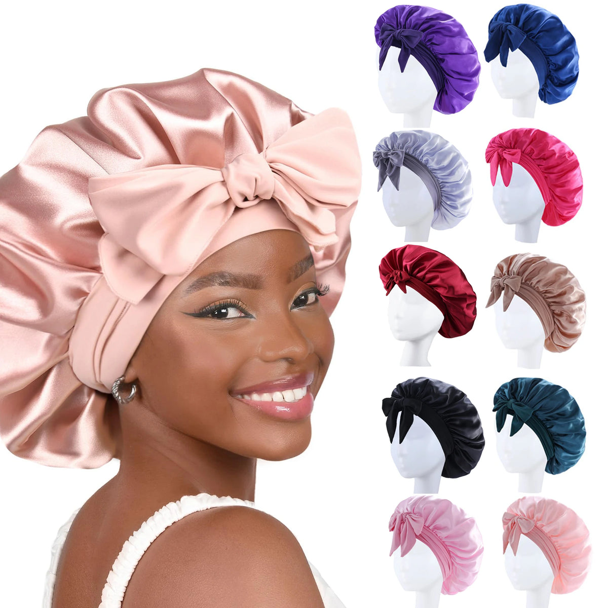 A woman models a silky satin sleep bonnet with various colored bows and styles for curly hair.