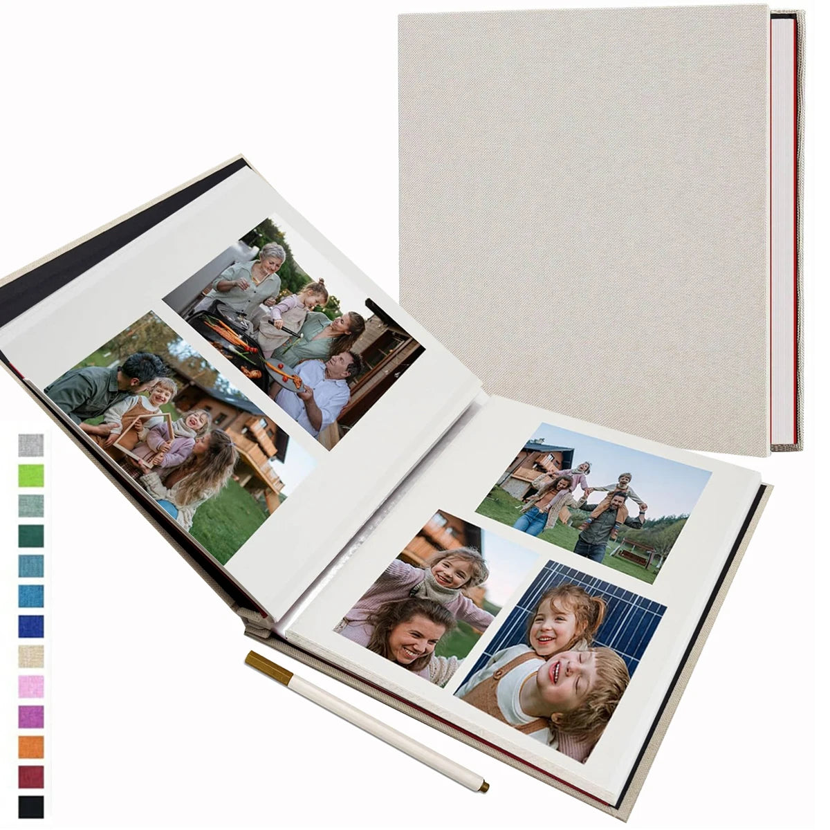 Leinen-Fotoalbum mit selbstklebendem Schutz geöffnet, zeigt mehrere Fotos von Menschen.