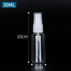 A clear glass bottle with a white spray top and a glass pipette inside, labeled as a 30ML refillable portable spray bottle.