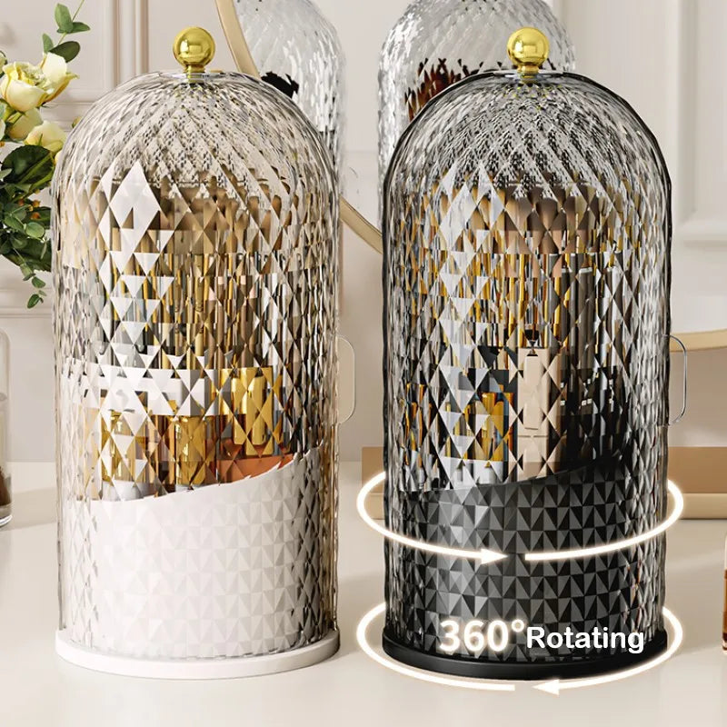 A clear glass makeup brush organizer with a lid featuring a geometric pattern and 360-degree rotating capability.