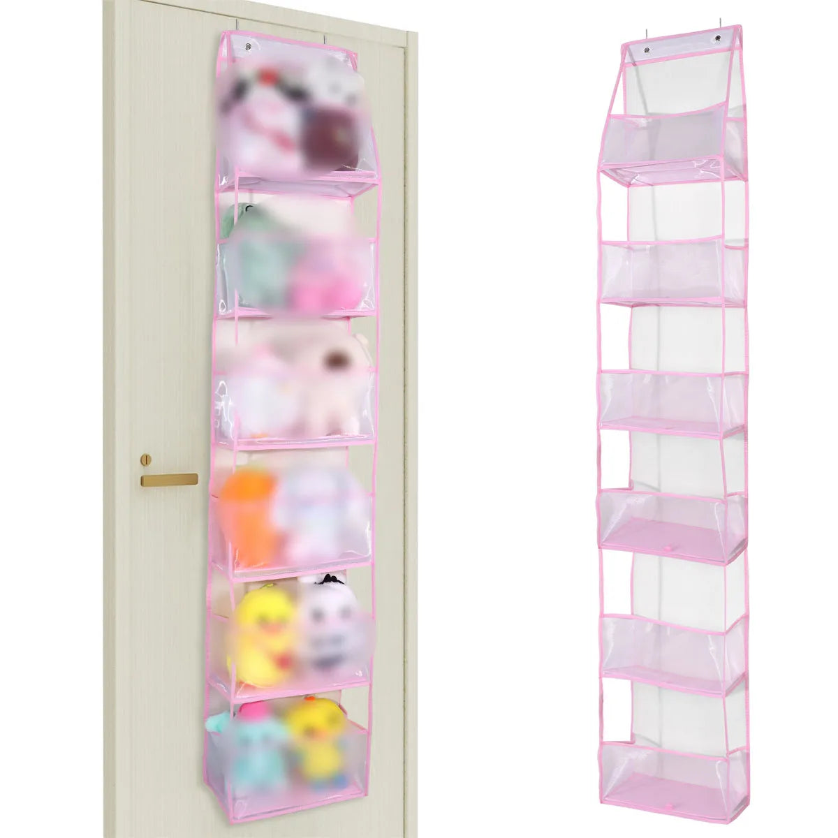 Pink over-the-door fabric storage organizer with multiple clear pockets for organizing small items