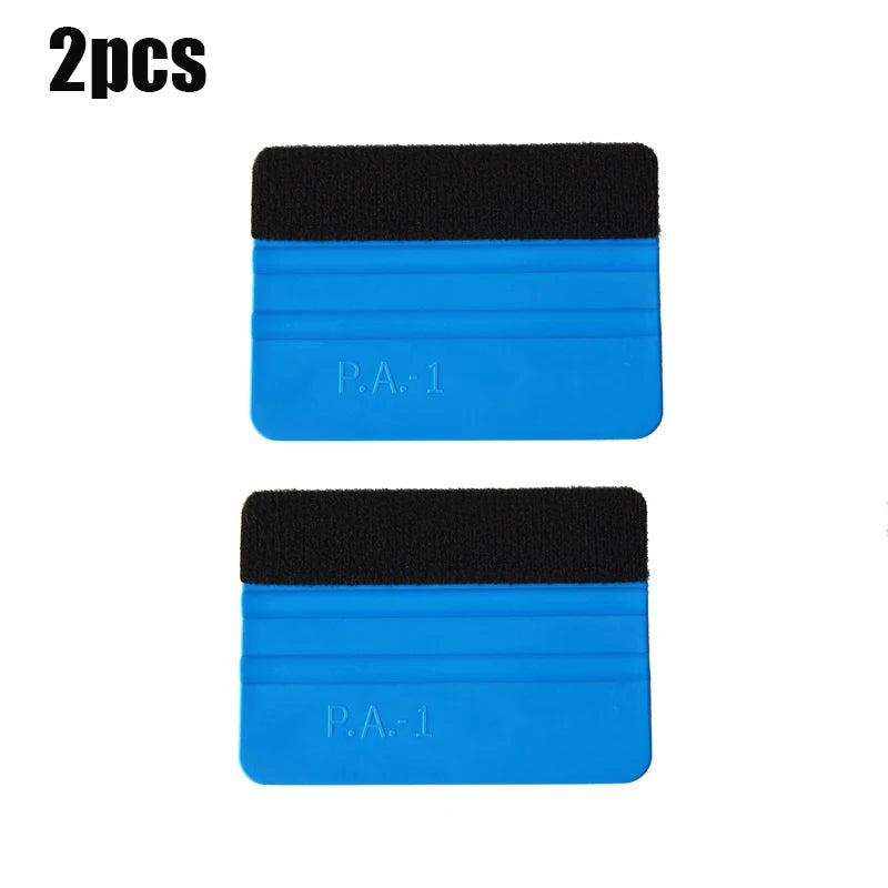 Two black and blue suede felt squeegees for vinyl wrap and film installation