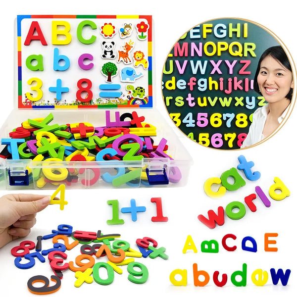 Magnetisches Alphabet-Lernset mit Buchstaben, Zahlen und Wörtern für Kinder.