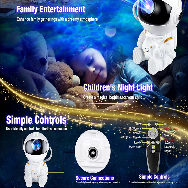 Astronaut Galaxy Projector Night Light showing a white astronaut figure and glowing blue stars