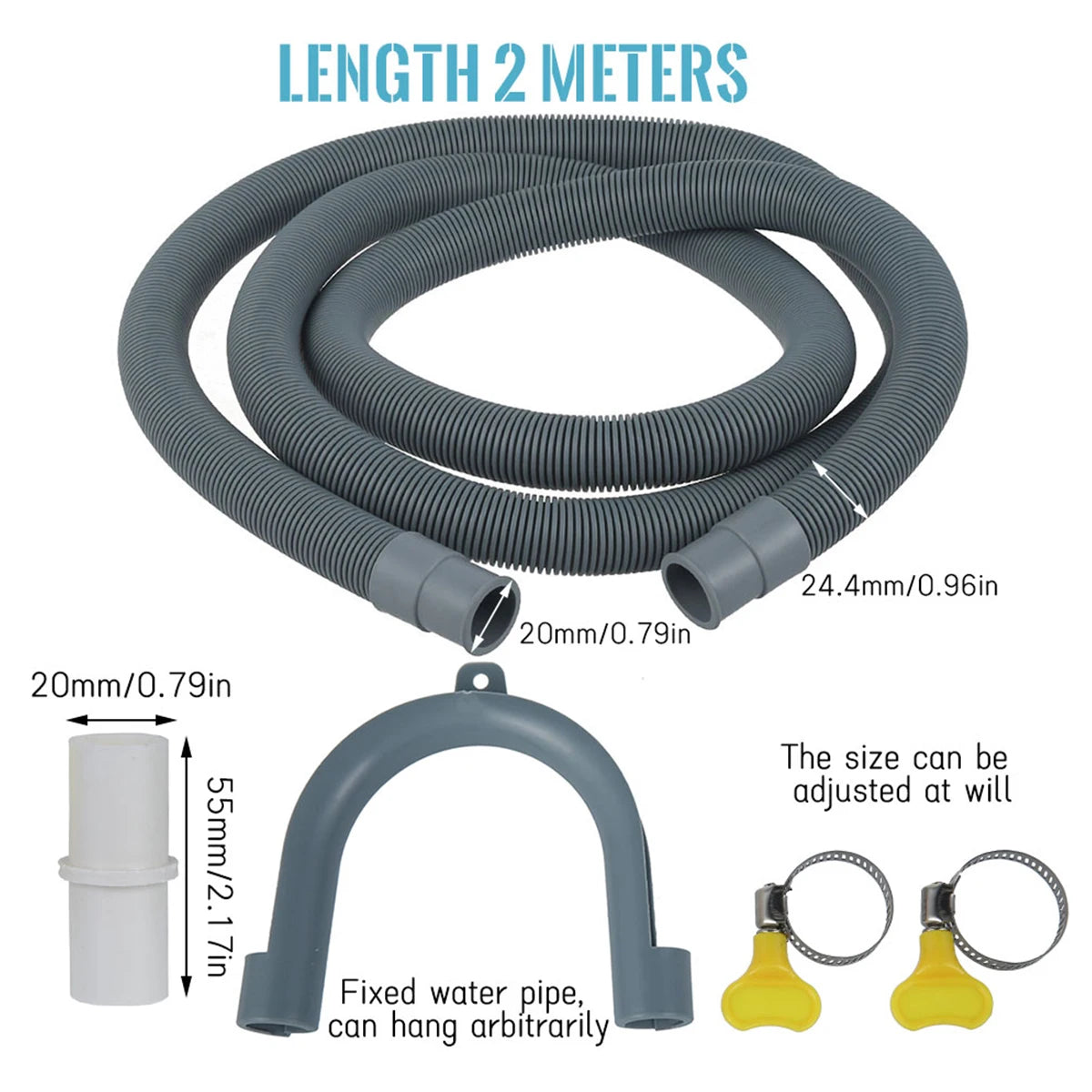A gray flexible drain hose extension kit, 2 meters long, with adjustable fittings for washing machine drains.
