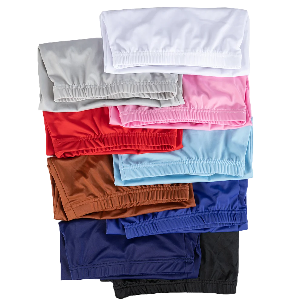 A stack of men's satin hair bonnets in various colors including white, gray, pink, red, orange, blue, and black.